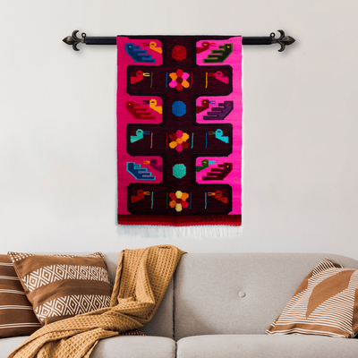 Wool tapestry, 'Orchard Ducks' - Handwoven Duck and Flower-Themed Fuchsia Wool Tapestry