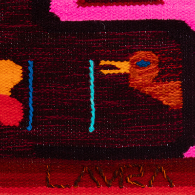 Wool tapestry, 'Orchard Ducks' - Handwoven Duck and Flower-Themed Fuchsia Wool Tapestry