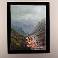 'Trabajo Andino' - Pintura al óleo de paisaje impresionista firmada de hombre y llama