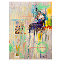 'El camino de las huellas de pintura' - Pintura expresionista firmada al óleo y papel estucado de una mujer