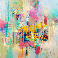 'Proyección de un sueño aventurero' - Pintura al óleo abstracta y moderna con collage de bodegones de frutas