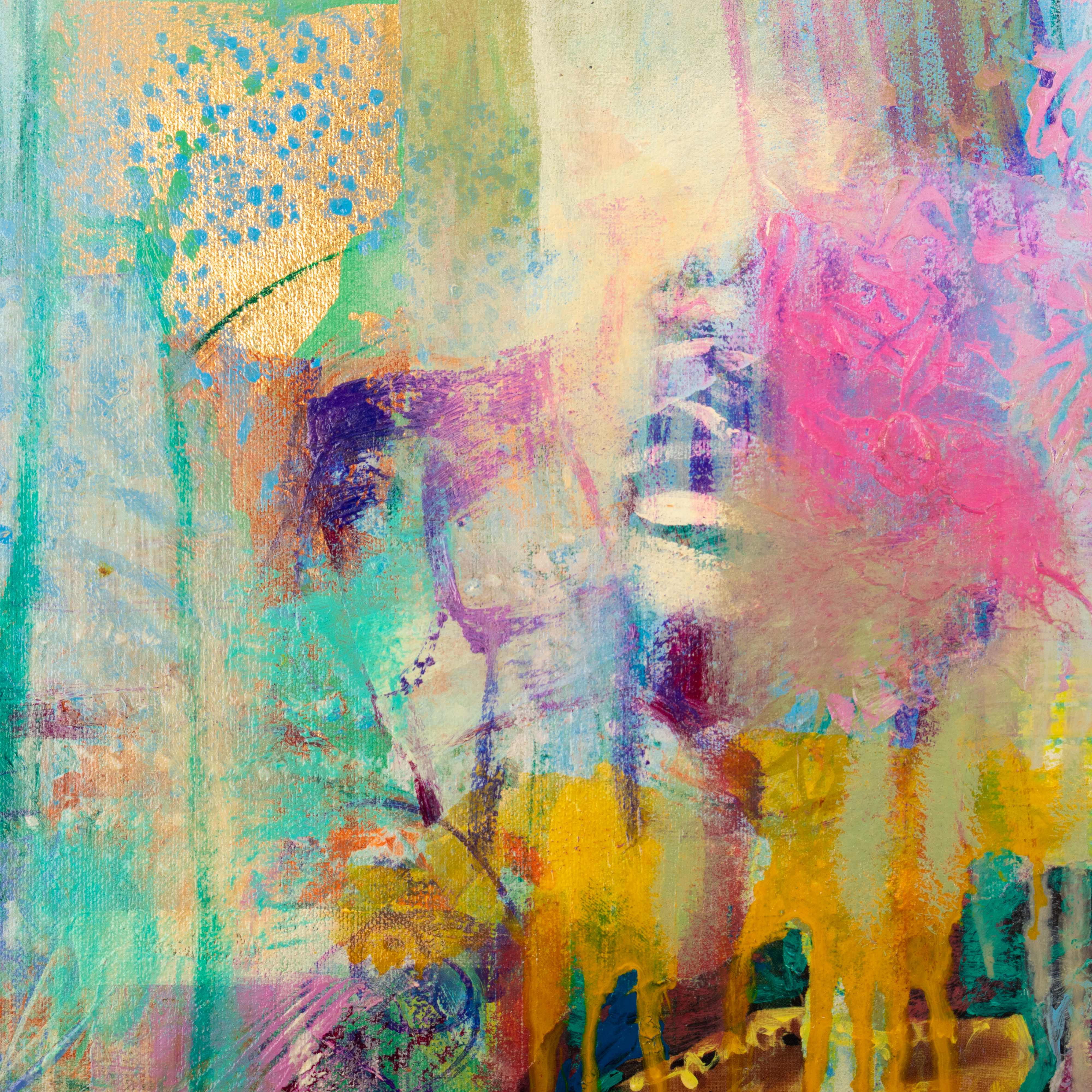 „Projektion eines abenteuerlichen Traums“ - Abstraktes modernes Obst-Stillleben-Collage-Ölgemälde