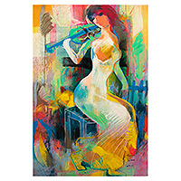 'Notas de un violín enamorado' - Pintura al óleo abstracta colorida de una mujer tocando el violín