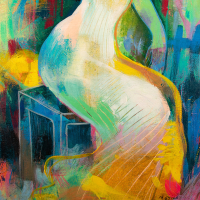 'Notes of a Love-Struck Violin' - Colorful Abstract Oil Painting of Woman Playing the Violin