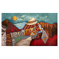 'Paisaje IV' - Pintura cubista abstracta al óleo sobre lienzo de paisaje andino