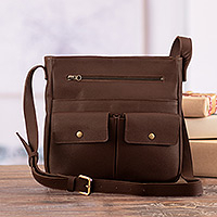 Leather sling bag, 'Intrepid Chocolate' - Adjustable 100% Leather Sling Bag Handcrafted in Peru