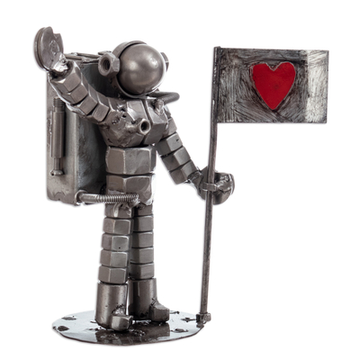 Recycled metal sculpture, 'Astronaut' - Eco-Friendly Recycled Metal Sculpture of Astronaut and Flag