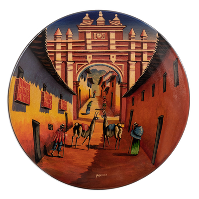 Ceramic decorative plate, 'Ayacucho' - Hand-Painted Ceramic Decorative Plate with Andean City Motif