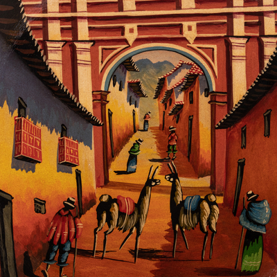 Dekorativer Keramikteller, „Ayacucho“ – handbemalter dekorativer Keramikteller mit Andenstadt-Motiv