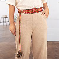 Cinturón de algodón, 'Chaska' - Cinturón de algodón rojo con estampado clásico tejido a mano de Perú