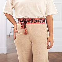 Cinturón de algodón - Cinturón de algodón rojo y naranja estampado tejido a mano con borlas