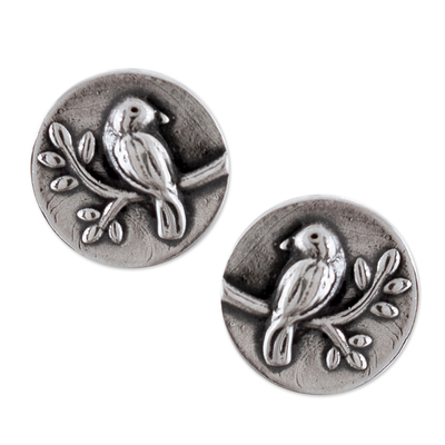 Sterling silver stud earrings, 'Petite Sparrows' - Relief Sparrow-Themed Sterling Silver Stud Earrings