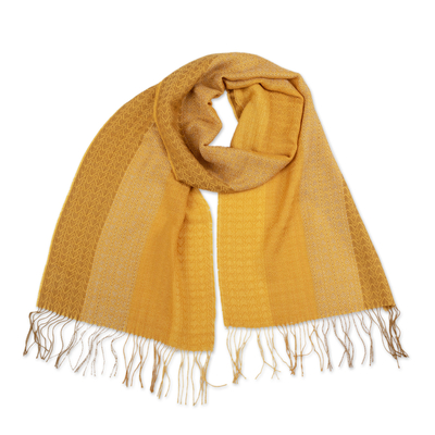 Baby alpaca blend scarf, 'Sunny Existence' - Handloomed Yellow Baby Alpaca Blend Fringed Scarf