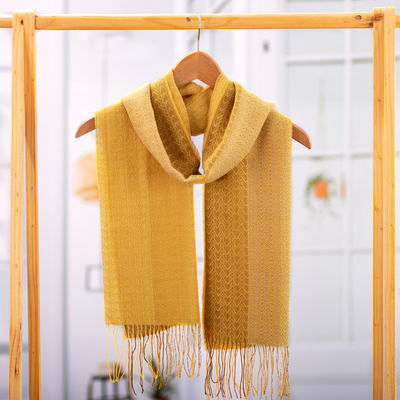 Baby alpaca blend scarf, 'Sunny Existence' - Handloomed Yellow Baby Alpaca Blend Fringed Scarf