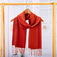 Baby alpaca blend scarf, 'Fiery Existence' - Handloomed Red and Orange Baby Alpaca Blend Fringed Scarf