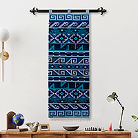 Wollteppich, „Azure Worldview“ – Webteppich aus blauer und himmelblauer Wolle mit geometrischem Muster