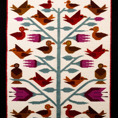 Wandteppich aus Wolle - Von der Natur inspirierter handgewebter Wollteppich mit Vogelmotiv