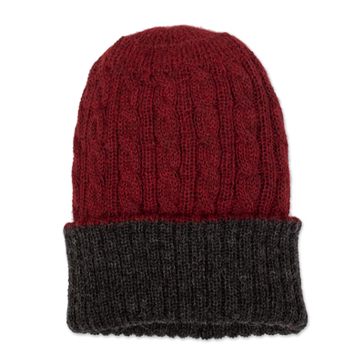 Reversible 100% alpaca hat, 'Warm and Vibrant' - Reversible 100% Alpaca Cable Knit Hat in Red and Grey