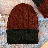 Reversible 100% alpaca hat, 'Warm and Earthy' - Reversible 100% Alpaca Cable Knit Hat in Brown and Green