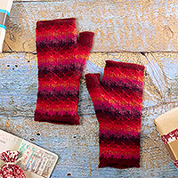 100% baby alpaca fingerless mitts, 'Seven colour Mountain' - Knit Red Brown and Purple 100% Baby Alpaca Fingerless Mitts