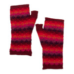 100% baby alpaca fingerless mitts, 'Seven colour Mountain' - Knit Red Brown and Purple 100% Baby Alpaca Fingerless Mitts