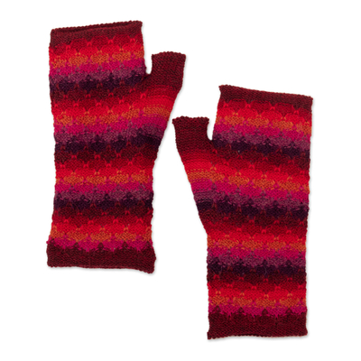 100% baby alpaca fingerless mitts, 'Seven Color Mountain' - Knit Red Brown and Purple 100% Baby Alpaca Fingerless Mitts