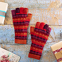 100% baby alpaca fingerless gloves, 'Red Vibes' - Knit Red Brown and Purple 100% Baby Alpaca Fingerless Gloves