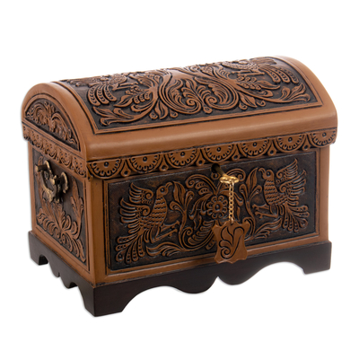 Cedar and leather decorative box, 'Andean Flowers and Birds' - Embossed Leather Cedar Floral and Bird-Themed Decorative Box