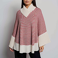 100% baby alpaca poncho, 'Cherry Illusions' - Cherry and Ivory Patterned 100% Baby Alpaca Poncho