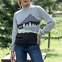 Cotton blend sweater, 'Winter Chalet' - Winter-Themed Blue Knit Pullover Sweater with Bishop Sleeves