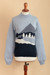 Suéter de mezcla de algodón - Suéter de punto azul con mangas estilo obispo y temática invernal