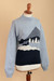 Suéter de mezcla de algodón - Suéter de punto azul con mangas estilo obispo y temática invernal