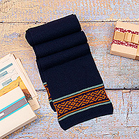 100% baby alpaca scarf, 'Indigo Andes' - Knit Classic Indigo and Orange 100% Baby Alpaca Scarf