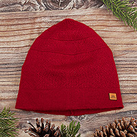 Alpaca blend knit skull cap, 'Crimson Minds' - Unisex Soft Alpaca Blend Knit Hat in Crimson Red