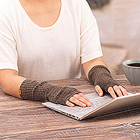 Alpaca blend fingerless mitts, 'Mushroom Epoch' - Knit Alpaca and Wool Blend Fingerless Mitts in Brown