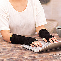 Alpaca blend fingerless mitts, 'Dark Epoch' - Knit Alpaca and Wool Blend Fingerless Mitts in Coal Black