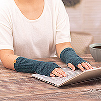 Alpaca blend fingerless mitts, 'Peacock Epoch' - Knit Alpaca and Wool Blend Fingerless Mitts in Peacock Green