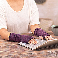 Alpaca blend fingerless mitts, 'Boysenberry Epoch' - Knit Alpaca and Wool Blend Fingerless Mitts in Purple