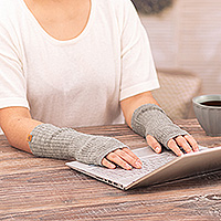 Alpaca blend fingerless mitts, 'Dove Grey Epoch' - Knit Alpaca and Wool Blend Fingerless Mitts in Dove Grey