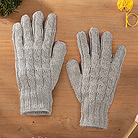 100% alpaca gloves, 'Silver Braid' - 100% Alpaca Cable Knit Gloves in Grey Shade from Peru