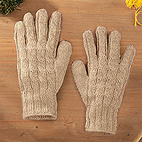 100% alpaca gloves, 'Sand Braid' - 100% Alpaca Cable Knit Gloves in Beige Shade from Peru