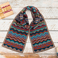 100% alpaca scarf, 'Zigzag Terra' - colourful Knit 100% Alpaca Scarf with Wavy and Zigzag Motifs