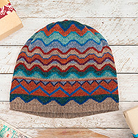 100% alpaca hat, 'Zigzag Terra' - colourful Knit 100% Alpaca Hat with Wavy and Zigzag Patterns