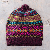 100% alpaca hat, 'Inca Pompom' - 100% Alpaca Knit Hat in Purple with Pompom and Andean Motifs