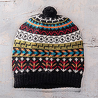 100% alpaca hat, 'Stylish Pompom' - 100% Alpaca Knit Hat in Black with Pompom and Andean Motifs