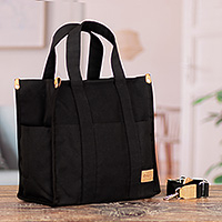 Leather-accented cotton tote bag, 'Chic and Practical' - Leather-Accented Black Cotton Tote Bag with Removable Strap