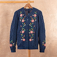 100% alpaca cardigan, 'Floral Enchantment' - 100% Alpaca Cardigan with Floral Hand Embroidery in Cotton