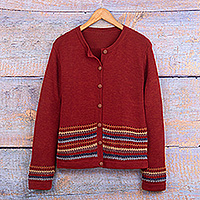 Crocheted cotton cardigan, 'Scarlet Route' - Scarlet Red 100% Cotton Cardigan with Crocheted Stripes