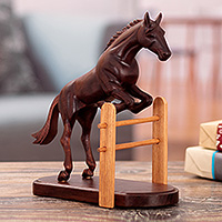 Cedar sculpture, 'Show Jumping Horse' - Hand-Carved Show Jumping Horse Cedar Wood Sculpture