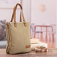 Leather-accented cotton shoulder bag, 'Subtle Beauty' - Leather-Accented Cotton Shoulder Bag with Removable Strap